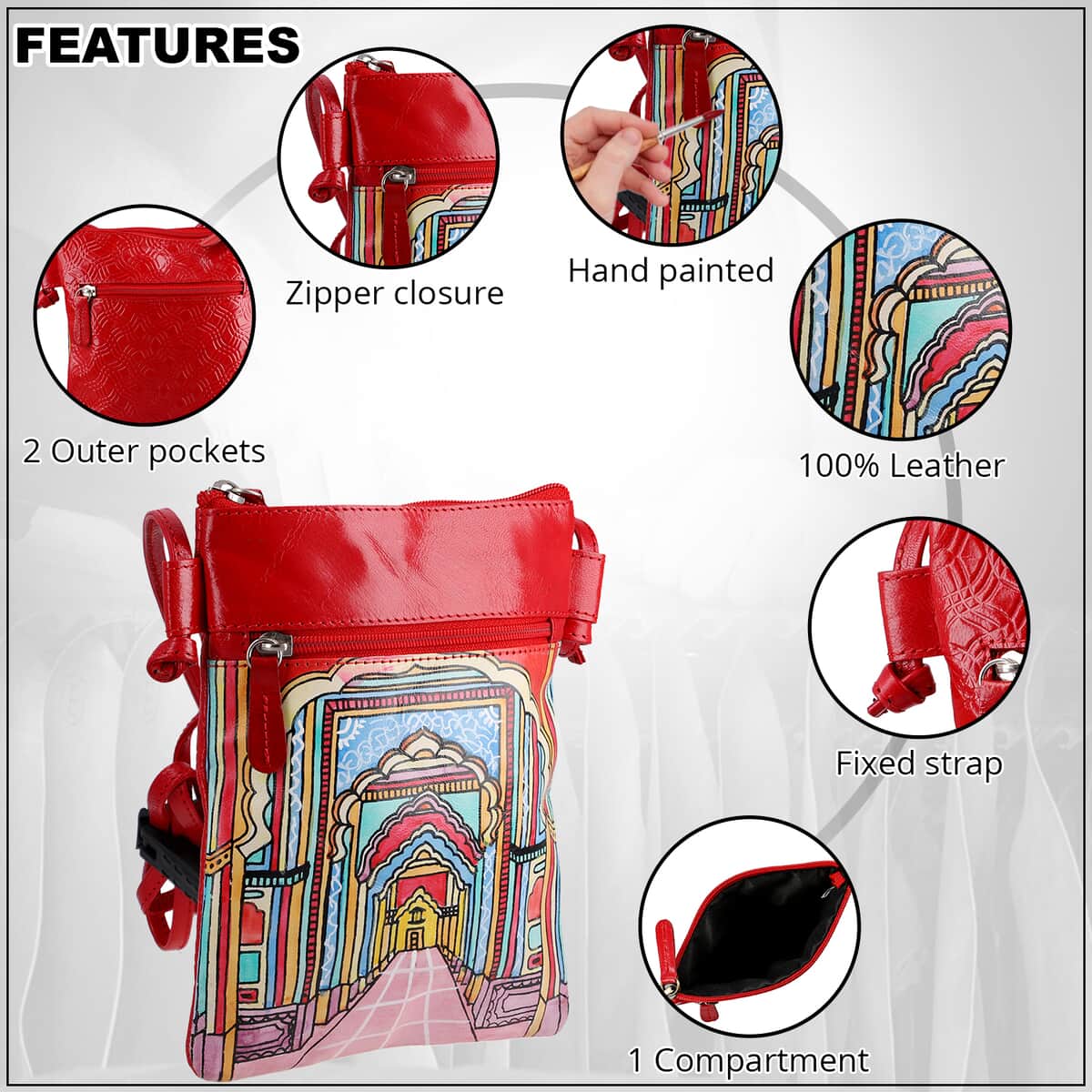 Vivid by Sukriti Red Traditional Palace Corridor Pattern Hand Painted Genuine Leather Crossbody Bag image number 2