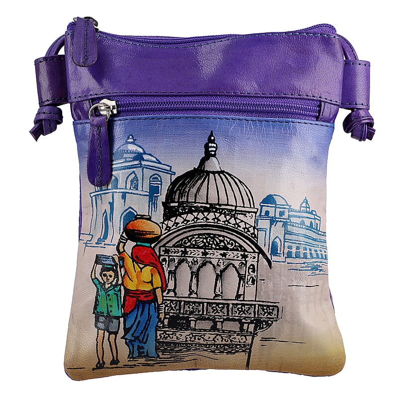 Vivid by Sukriti Blue Traditional City Pattern Hand Painted Genuine Leather Crossbody Bag