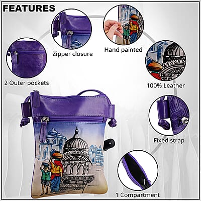 Vivid by Sukriti Blue Traditional City Pattern Hand Painted Genuine Leather Crossbody Bag