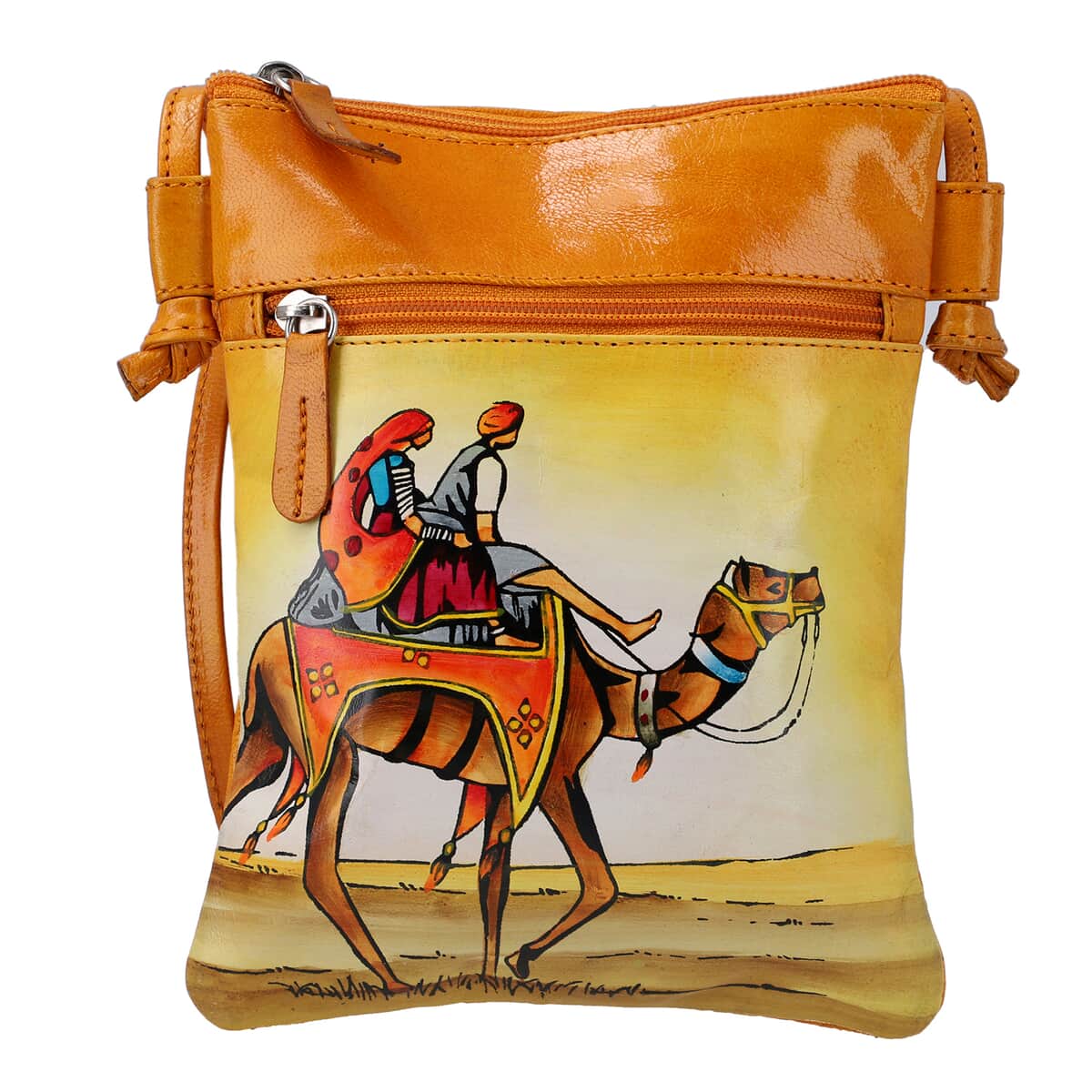 Vivid by Sukriti Yellow Traditional Camel Safari Pattern Hand Painted Genuine Leather Crossbody Bag image number 0