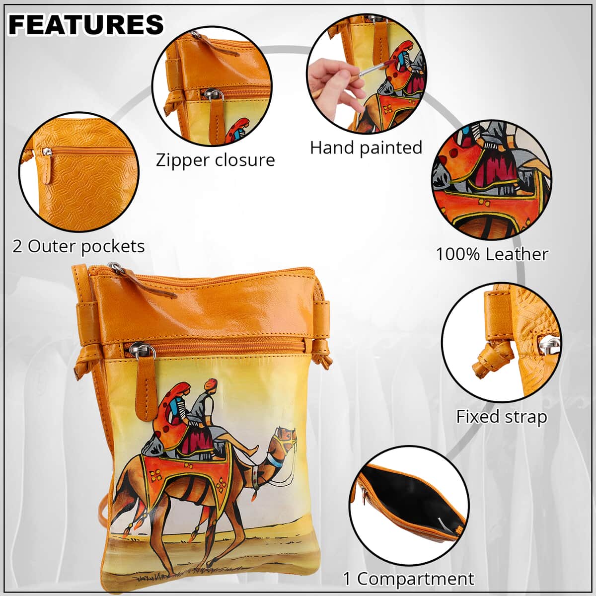 Vivid by Sukriti Yellow Traditional Camel Safari Pattern Hand Painted Genuine Leather Crossbody Bag image number 2