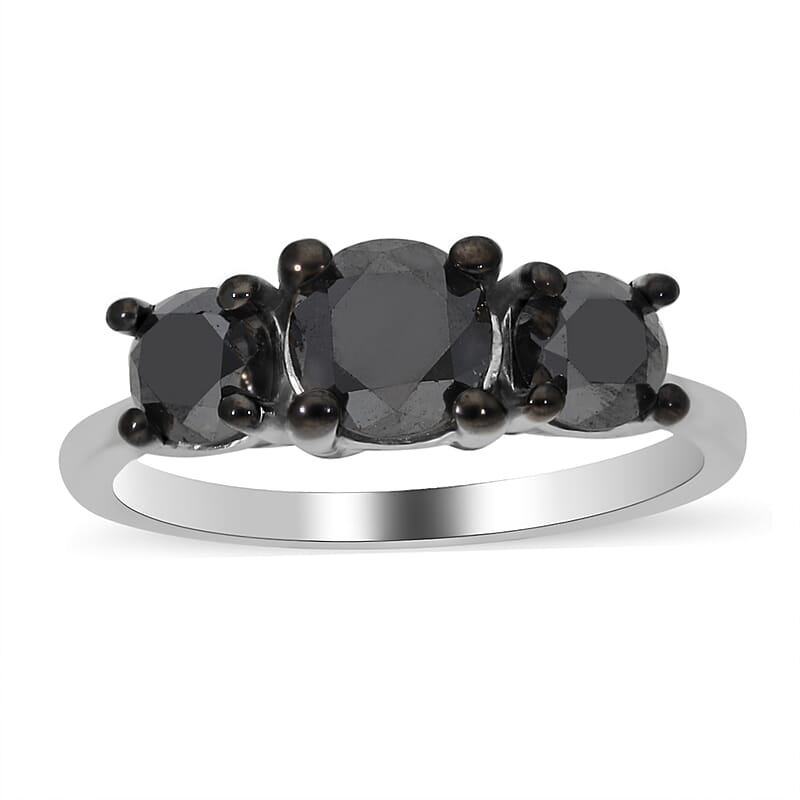Premium Black Diamond Trilogy Ring in Platinum Over Sterling Silver (Size 10.0) 2.00 ctw