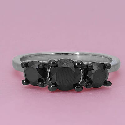 Premium Black Diamond Trilogy Ring in Platinum Over Sterling Silver (Size 10.0) 2.00 ctw