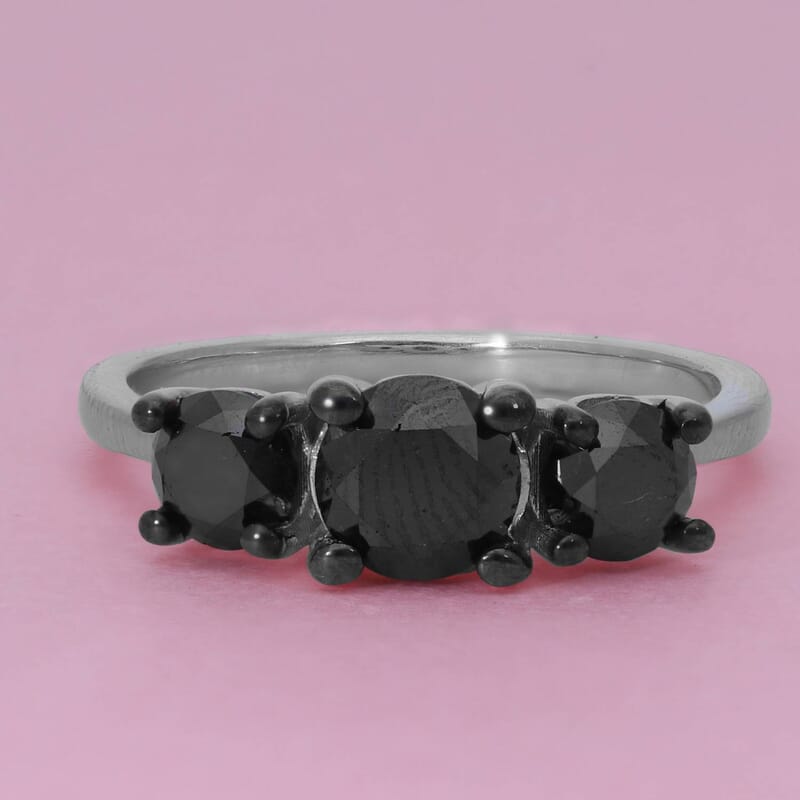 Premium Black Diamond Trilogy Ring in Platinum Over Sterling Silver (Size 10.0) 2.00 ctw