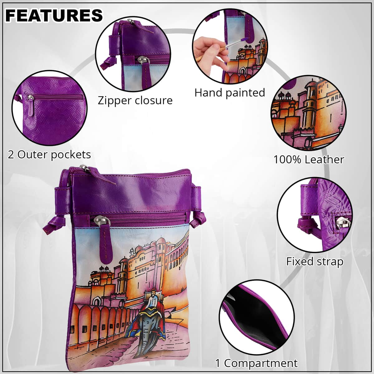 VIVID by SUKRITI Purple Traditional Elephant Safari Pattern Hand Painted Genuine Leather Crossbody Bag image number 2