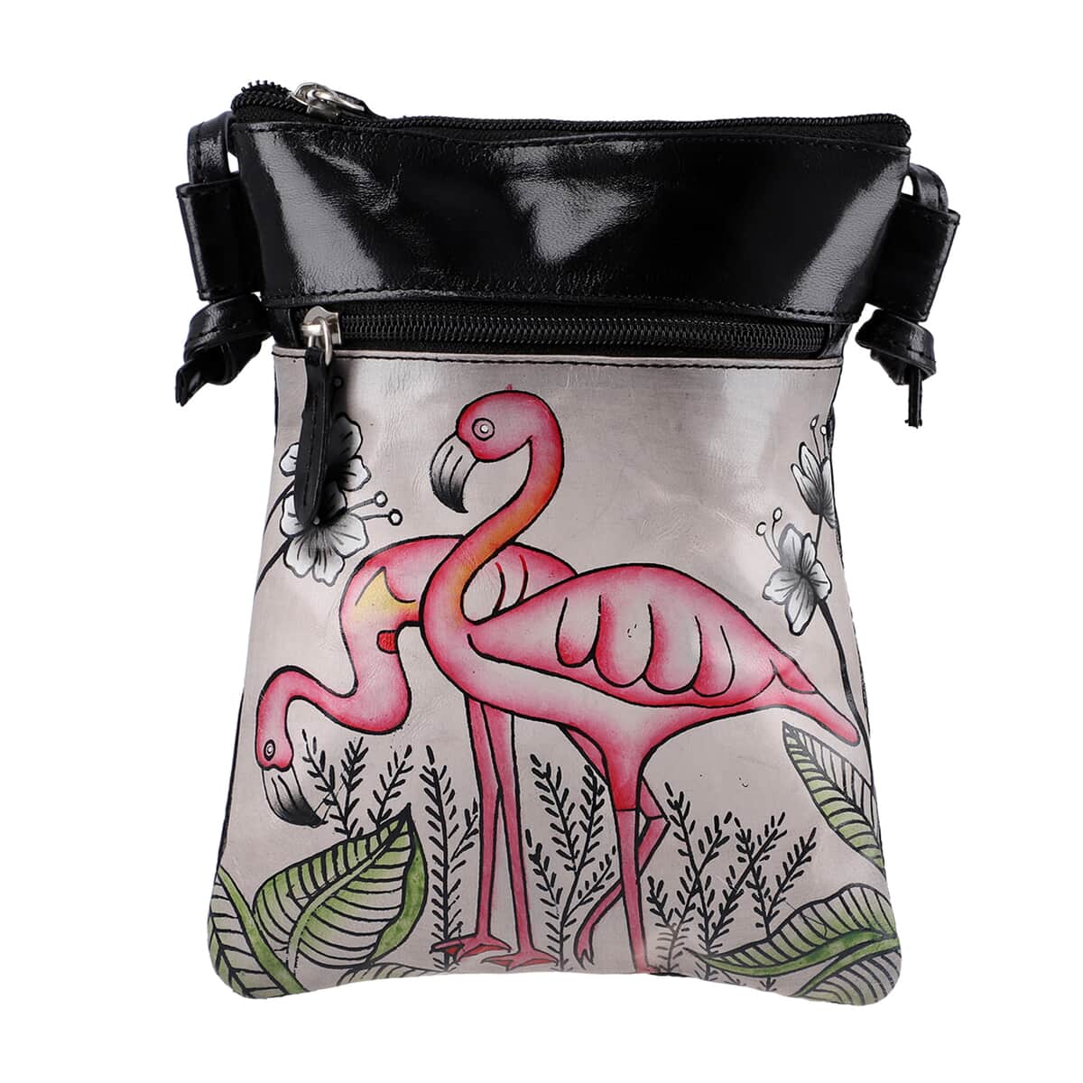 VIVID by SUKRITI Black Flamingo Pattern Hand Painted Genuine Leather Crossbody Bag image number 0