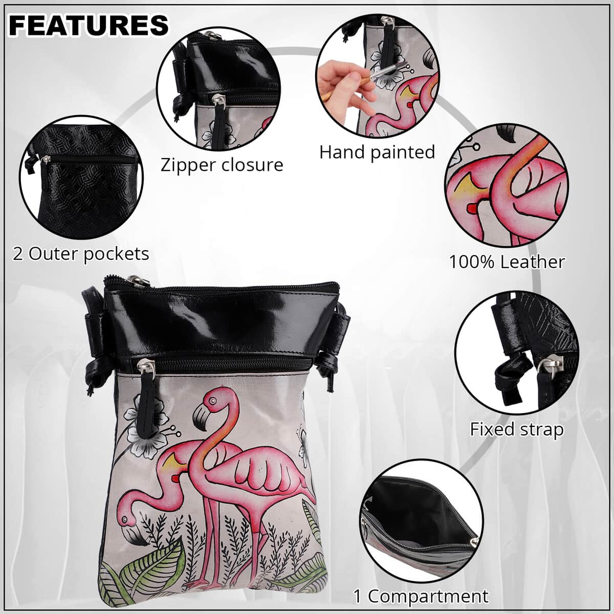 VIVID by SUKRITI Black Flamingo Pattern Hand Painted Genuine Leather Crossbody Bag image number 2