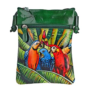 Vivid by Sukriti Green Macaw Pattern Hand Painted Genuine Leather Crossbody Bag