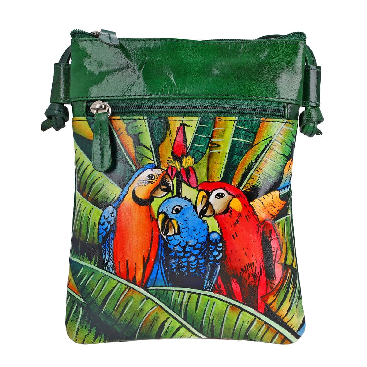 Vivid by Sukriti Green Macaw Pattern Hand Painted Genuine Leather Crossbody Bag image number 0