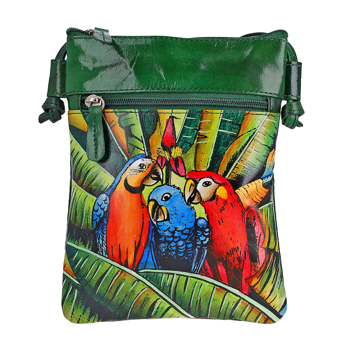 Vivid by Sukriti Green Macaw Pattern Hand Painted Genuine Leather Crossbody Bag image number 0