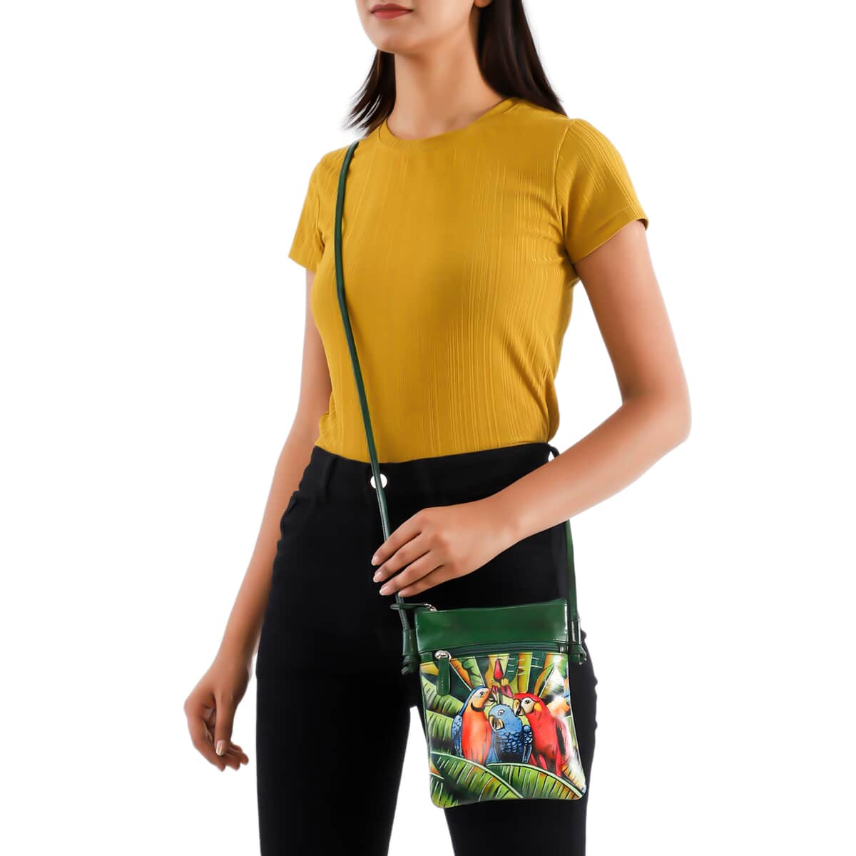 Vivid by Sukriti Green Macaw Pattern Hand Painted Genuine Leather Crossbody Bag image number 1