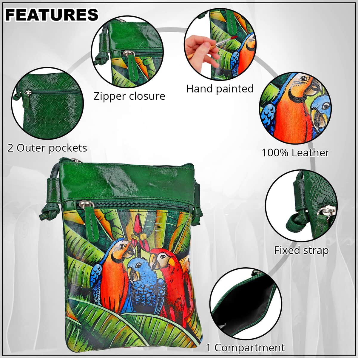 Vivid by Sukriti Green Macaw Pattern Hand Painted Genuine Leather Crossbody Bag image number 2
