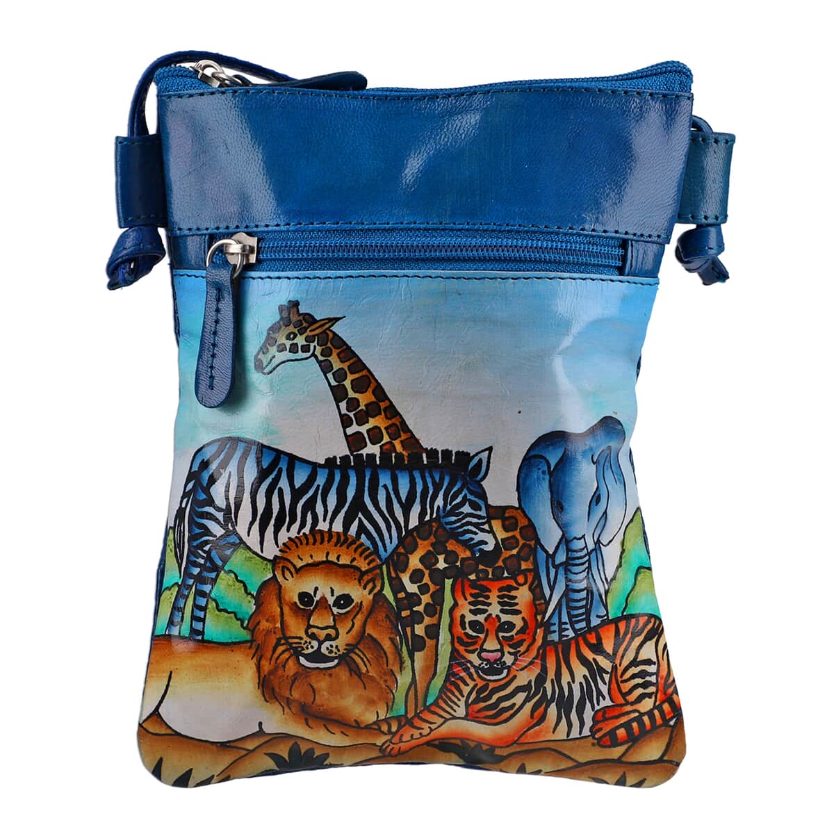 VIVID by SUKRITI Teal Blue Traditional Forest Animal Pattern Hand Painted Genuine Leather Crossbody Bag image number 0