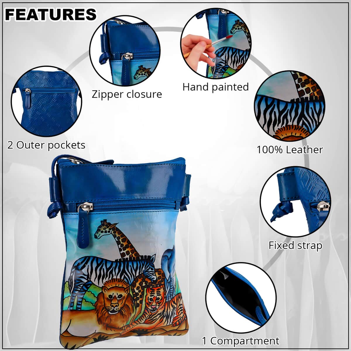 VIVID by SUKRITI Teal Blue Traditional Forest Animal Pattern Hand Painted Genuine Leather Crossbody Bag image number 2