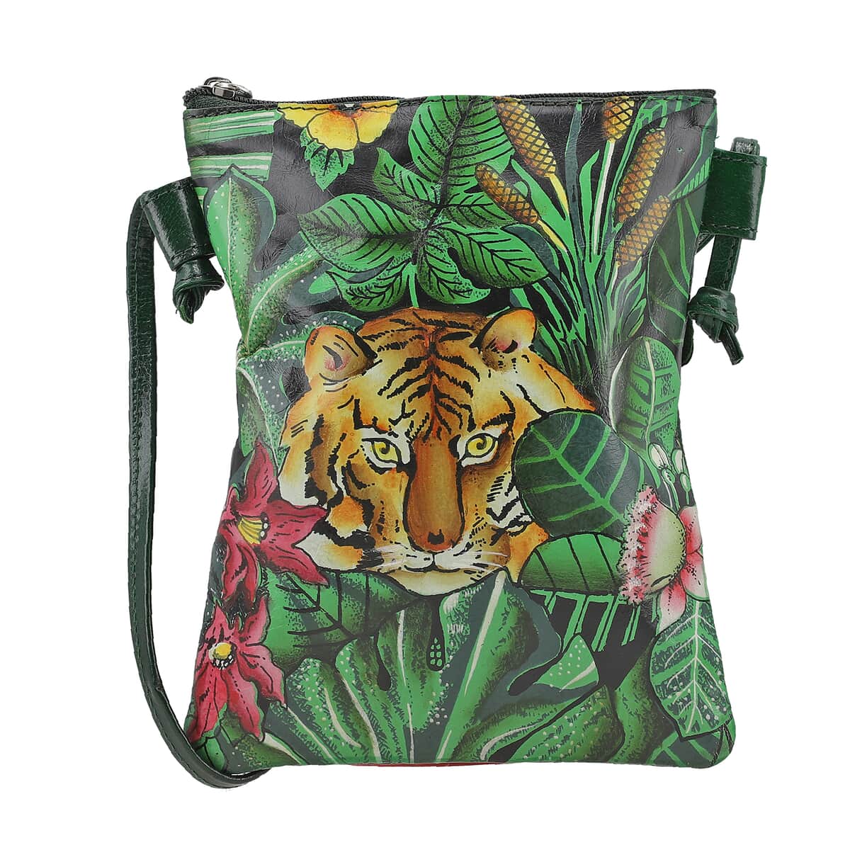 Vivid by Sukriti Green Tiger Pattern Hand Painted Genuine Leather Crossbody Bag image number 0