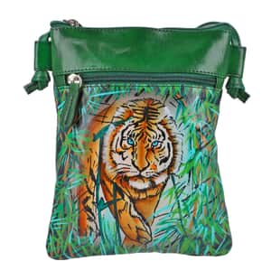 Vivid by Sukriti Green Tiger Pattern Hand Painted Genuine Leather Crossbody Bag
