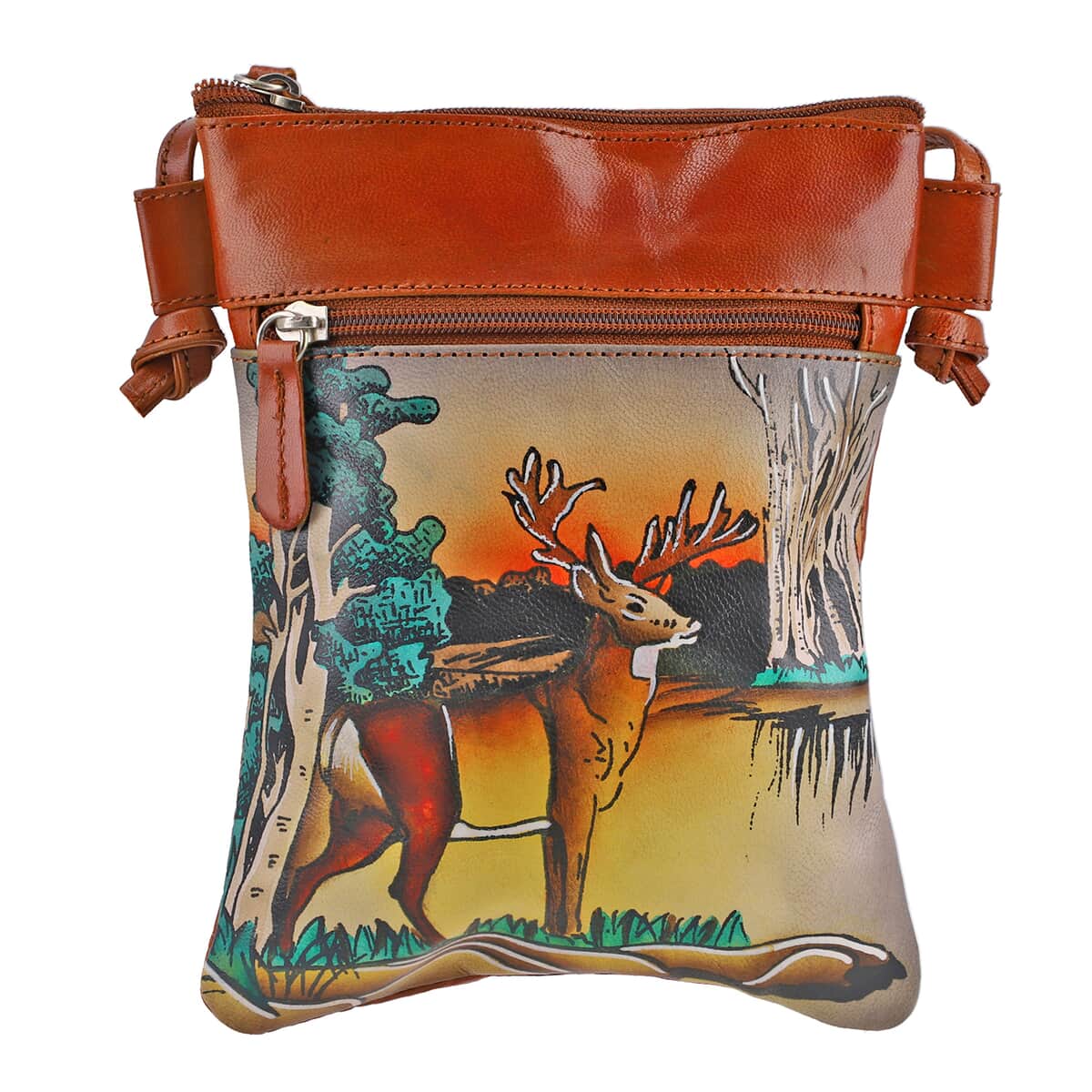 VIVID by SUKRITI Brown Traditional Reindeer Pattern Hand Painted Genuine Leather Crossbody Bag image number 0