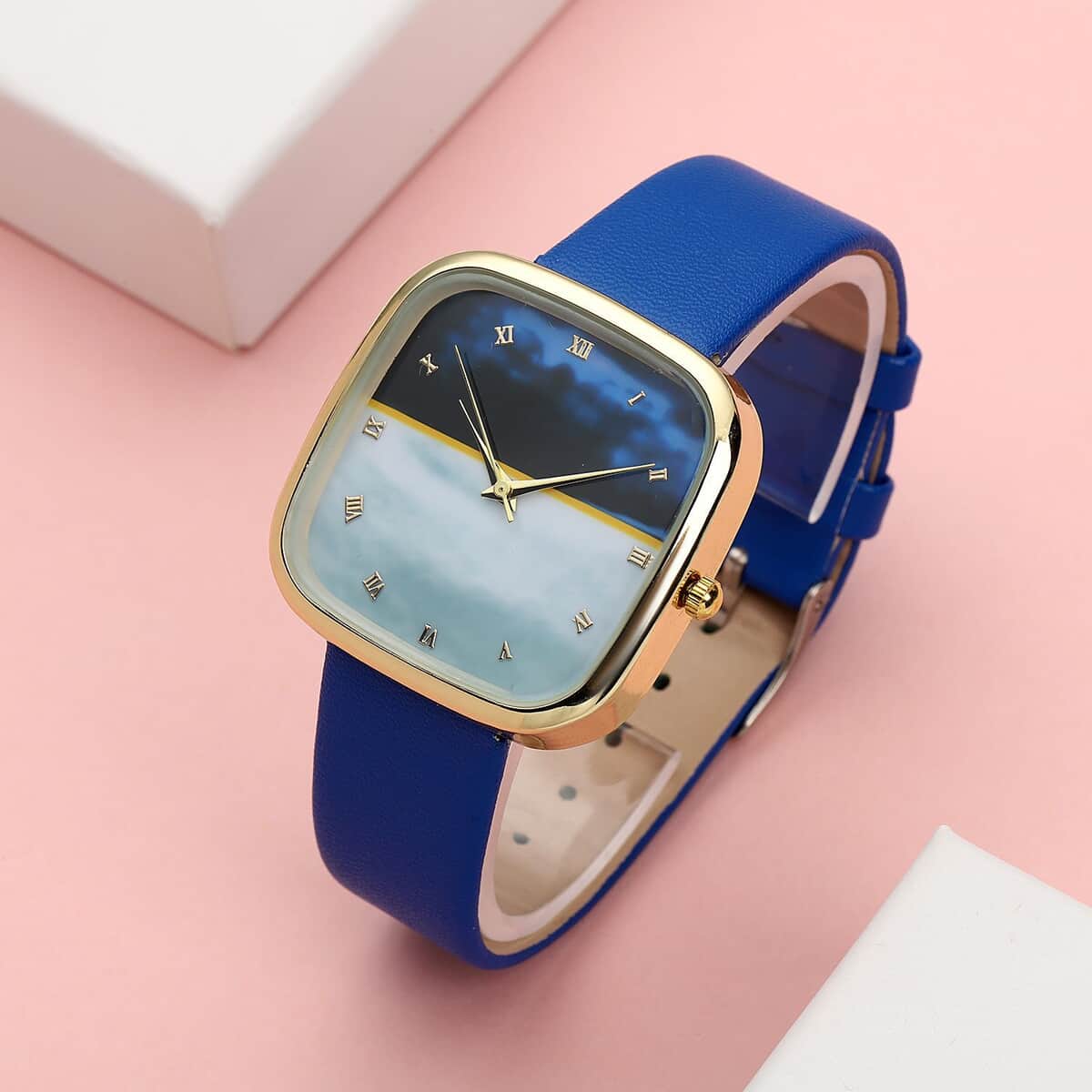 Strada Japanese Movement 3D Simulated Lapis Dial Watch in Blue Faux Leather Strap (35.80mm) (5.5-7.5 Inches) image number 1