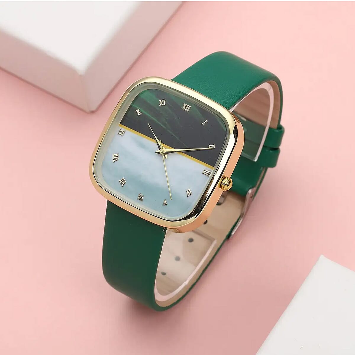 Strada Japanese Movement 3D Simulated Malachite Dial Watch in Green Faux Leather Strap (35.80mm) (5.5-7.5 Inches) image number 1
