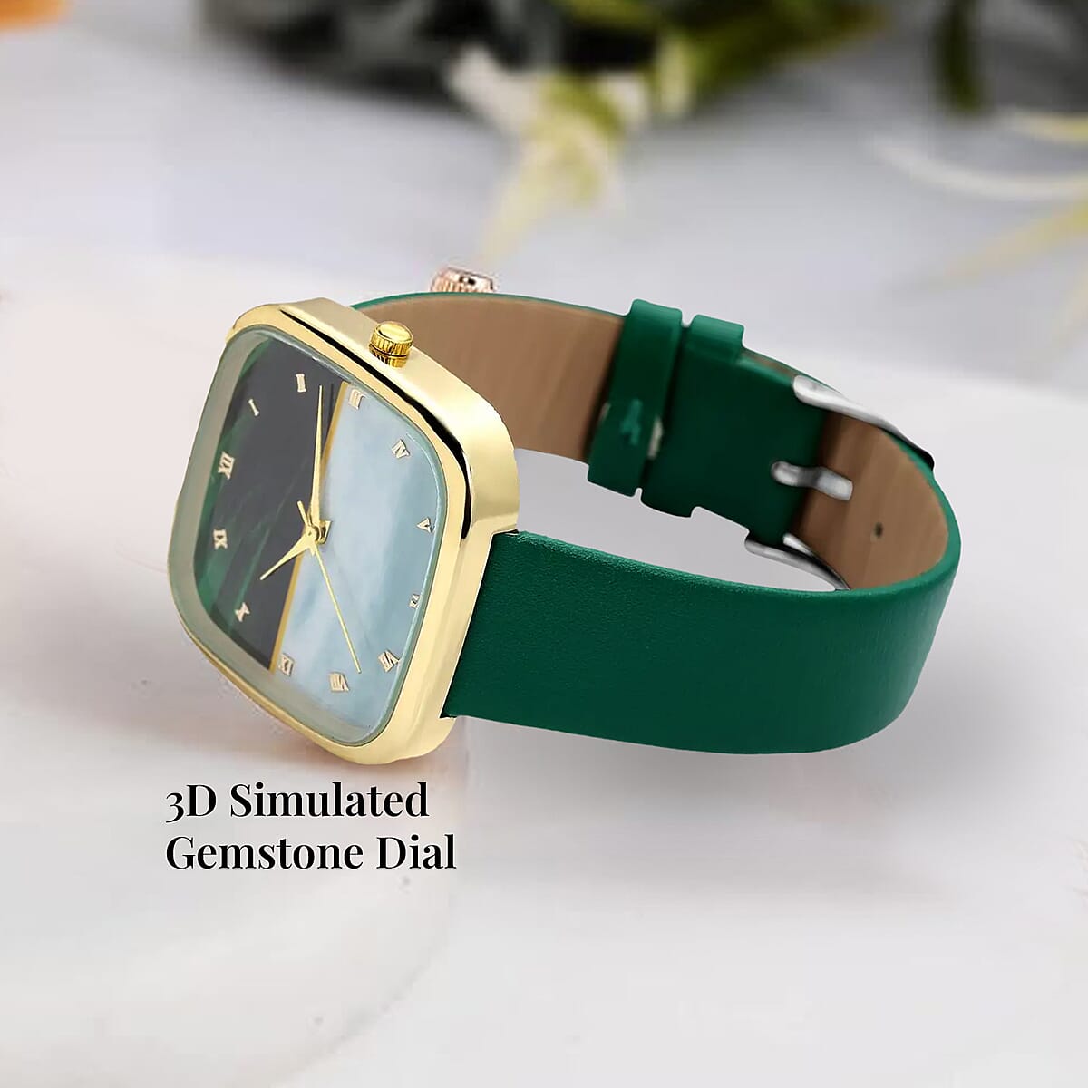 Strada Japanese Movement 3D Simulated Malachite Dial Watch in Green Faux Leather Strap (35.80mm) (5.5-7.5 Inches) image number 3