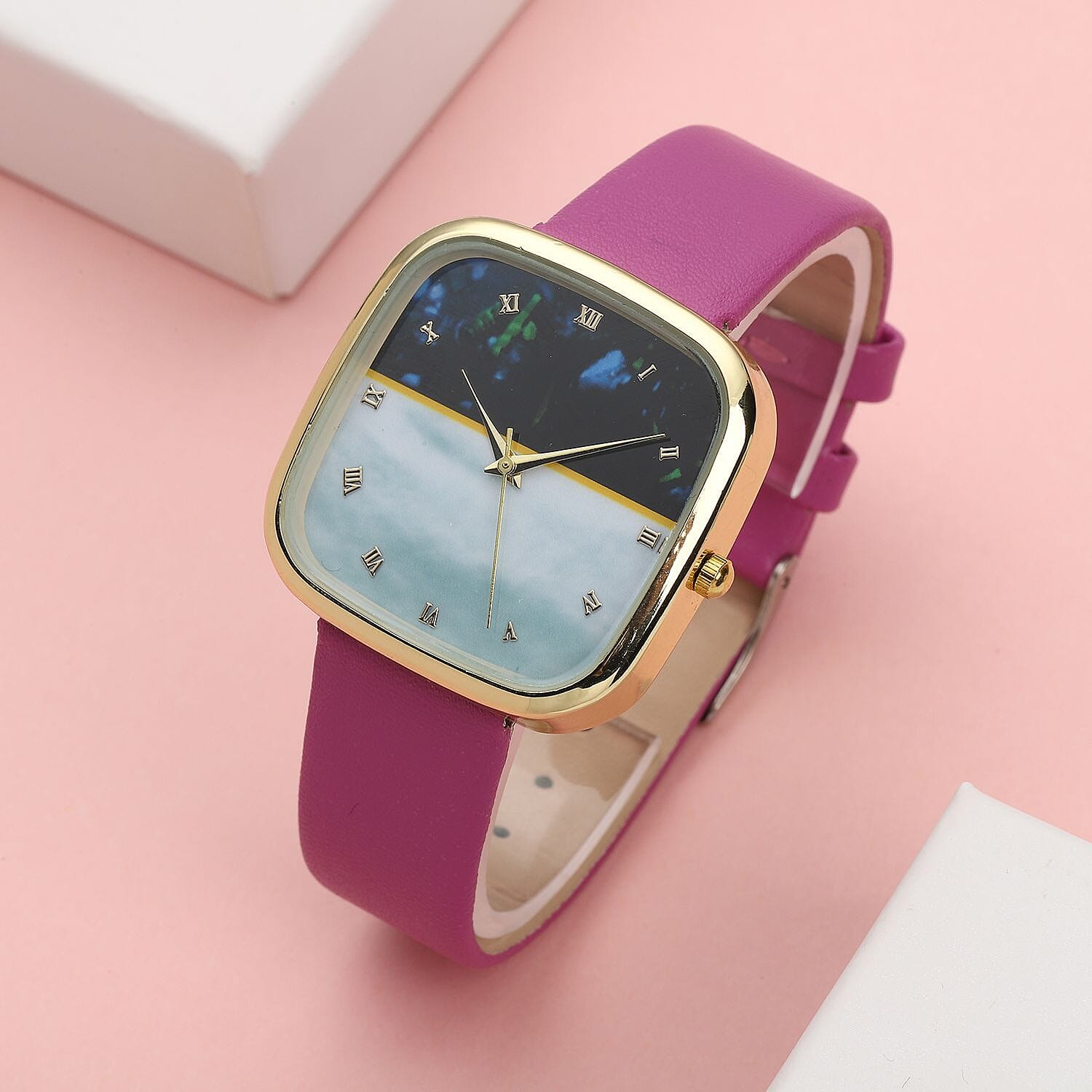 Strada Japanese Movement Simulated 3D Amethyst & MOP Carved Dial Watch with Purple Faux Leather Strap