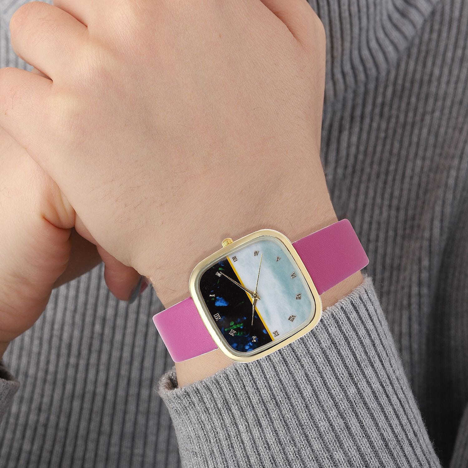 Strada Japanese Movement Simulated 3D Amethyst & MOP Carved Dial Watch with Purple Faux Leather Strap