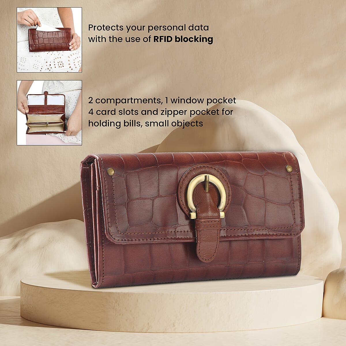 Union Code Cognac RFID Genuine Leather Wallet for Women | Leather Purse | Card Holder | Designer Wallet image number 2