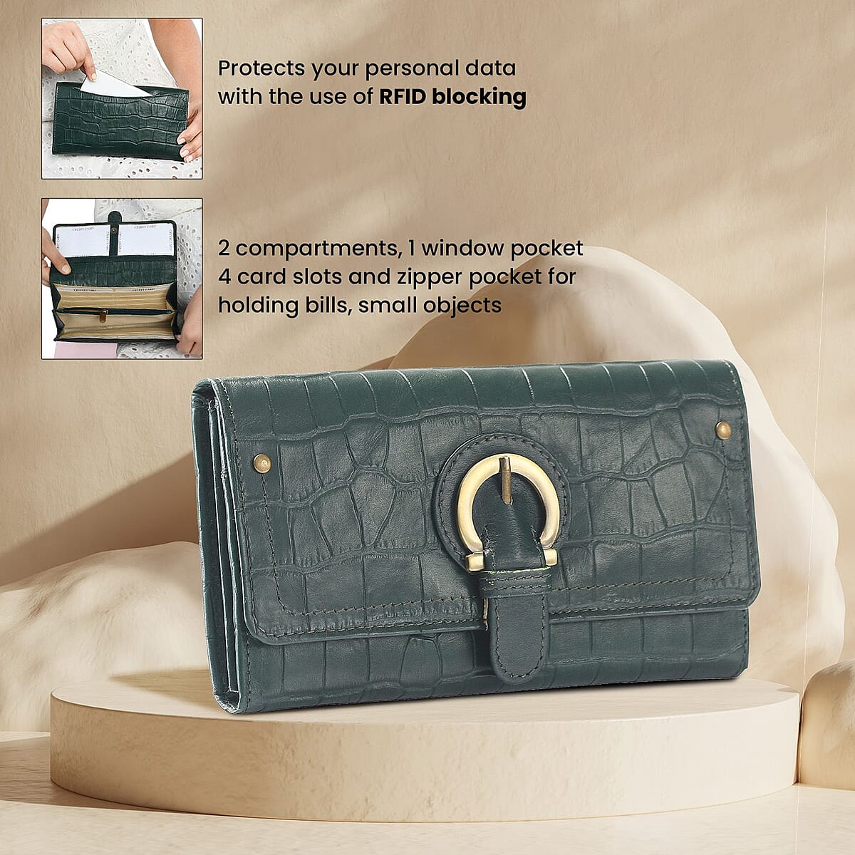 Union Code Green RFID Genuine Leather Wallet for Women , Leather Purse , Card Holder , Designer Wallet image number 2
