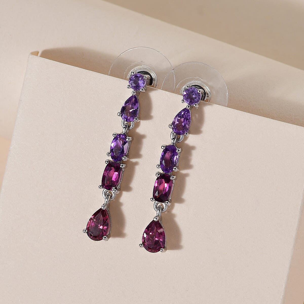 Orissa Rhodolite Garnet and Multi Gemstone Mixed Shapes Ombre Drop Fancy Earrings in Platinum Over Sterling Silver 2.75 ctw image number 1