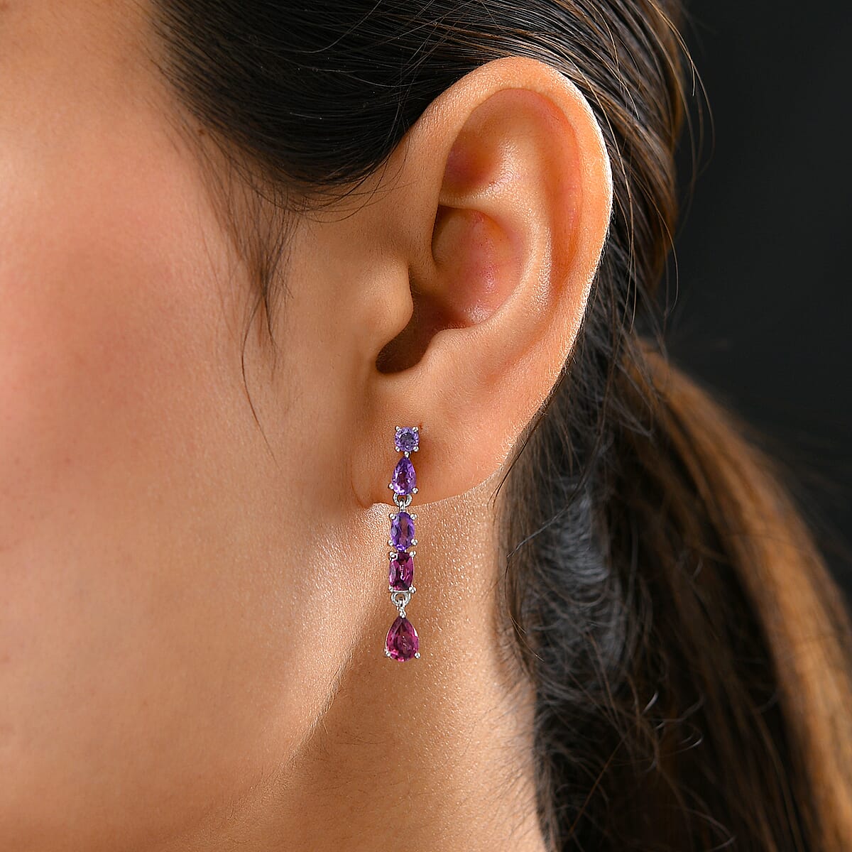 Orissa Rhodolite Garnet and Multi Gemstone Mixed Shapes Ombre Drop Fancy Earrings in Platinum Over Sterling Silver 2.75 ctw image number 2