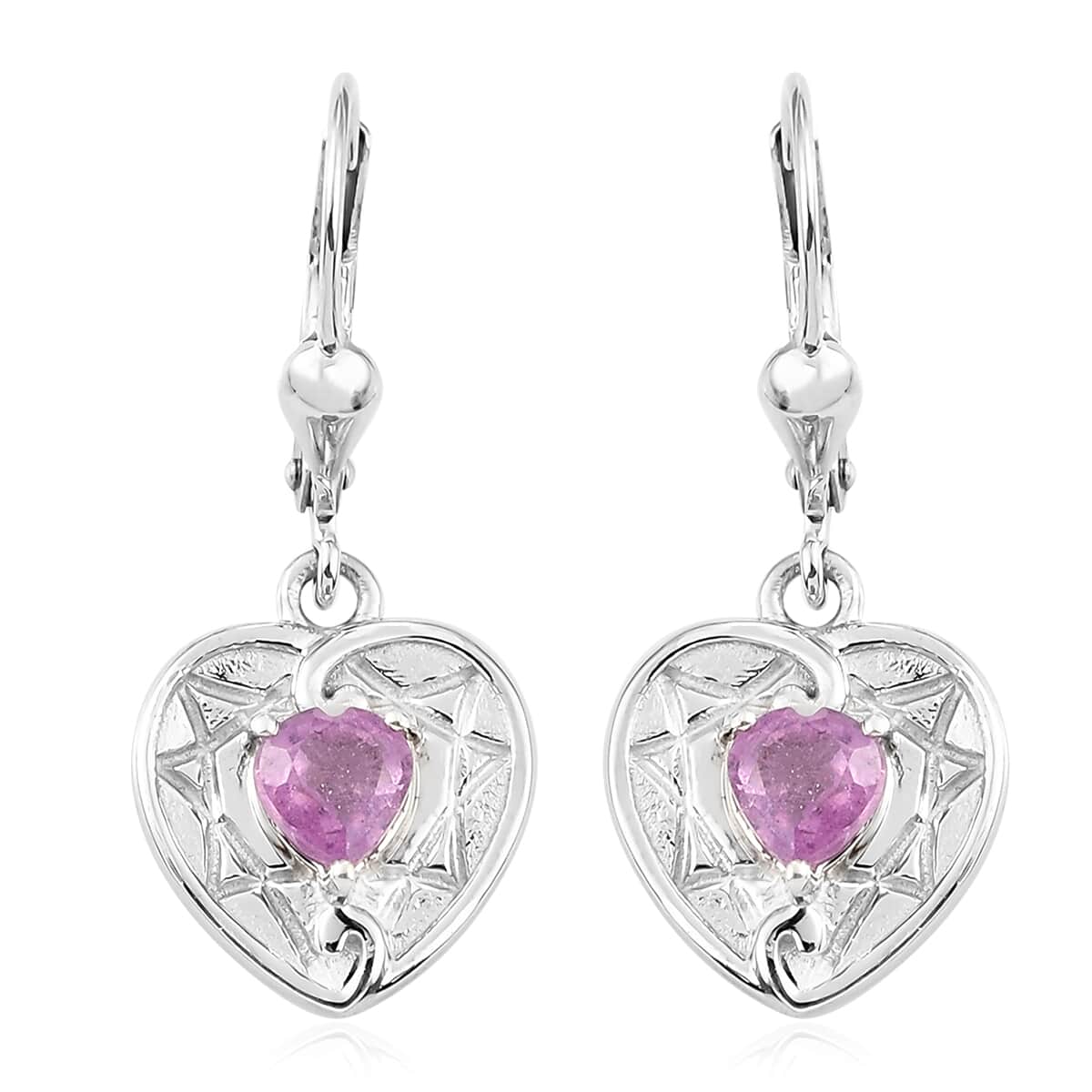 Ilakaka Hot Pink Sapphire (FF) Solitaire Lever Back Heart Earrings in Platinum Over Sterling Silver 1.25 ctw image number 0