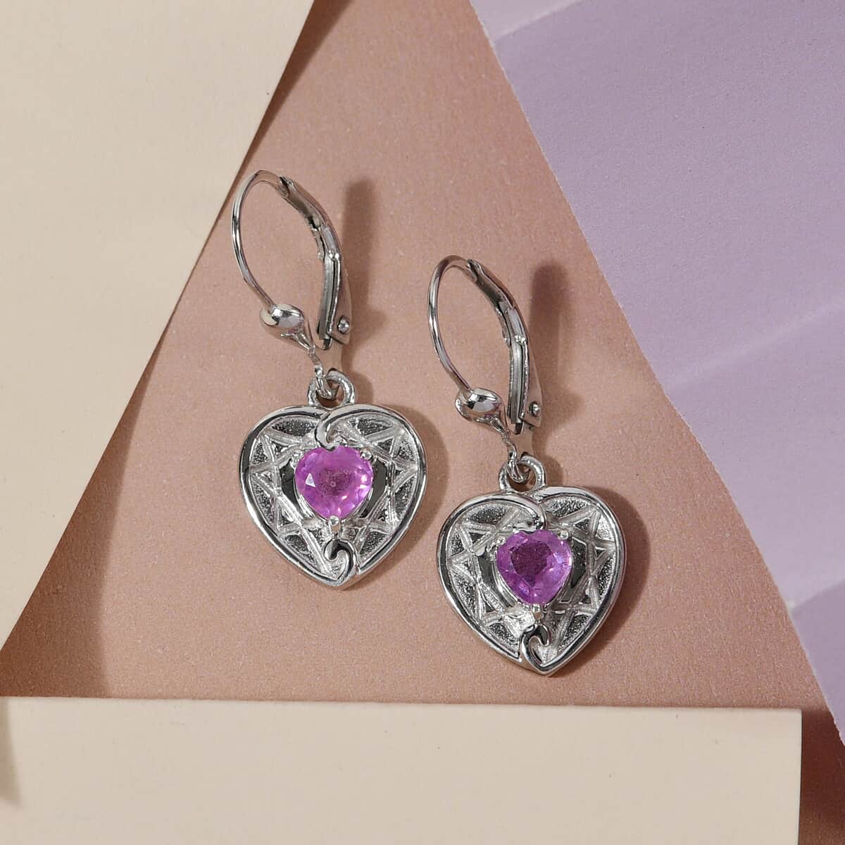 Ilakaka Hot Pink Sapphire (FF) Solitaire Lever Back Heart Earrings in Platinum Over Sterling Silver 1.25 ctw image number 1