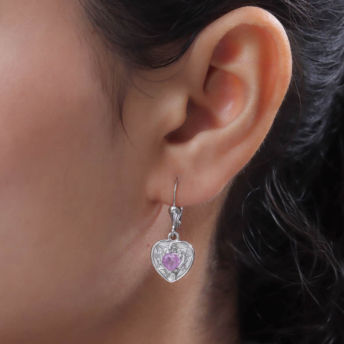 Ilakaka Hot Pink Sapphire (FF) Solitaire Lever Back Heart Earrings in Platinum Over Sterling Silver 1.25 ctw image number 2
