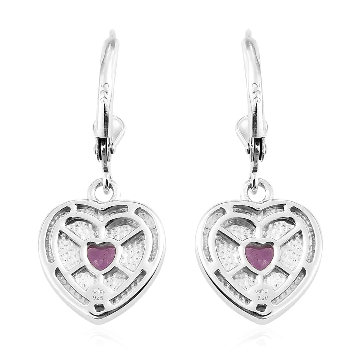 Ilakaka Hot Pink Sapphire (FF) Solitaire Lever Back Heart Earrings in Platinum Over Sterling Silver 1.25 ctw image number 3