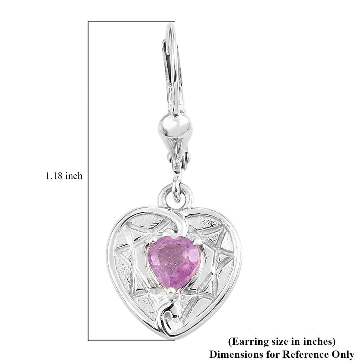 Ilakaka Hot Pink Sapphire (FF) Solitaire Lever Back Heart Earrings in Platinum Over Sterling Silver 1.25 ctw image number 4