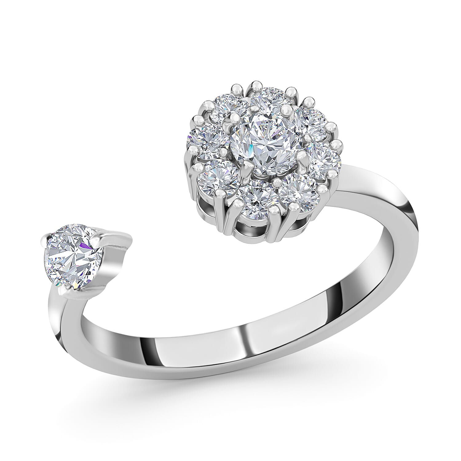 Natural White Zircon March Birthstone Anxiety Spinner Openable Band Ring in Platinum Over Sterling Silver (Large Adjustable Size 9-11) 0.85 ctw