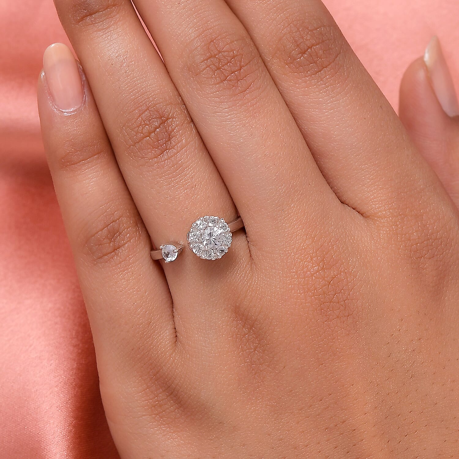 Natural White Zircon March Birthstone Anxiety Spinner Openable Band Ring in Platinum Over Sterling Silver (Large Adjustable Size 9-11) 0.85 ctw