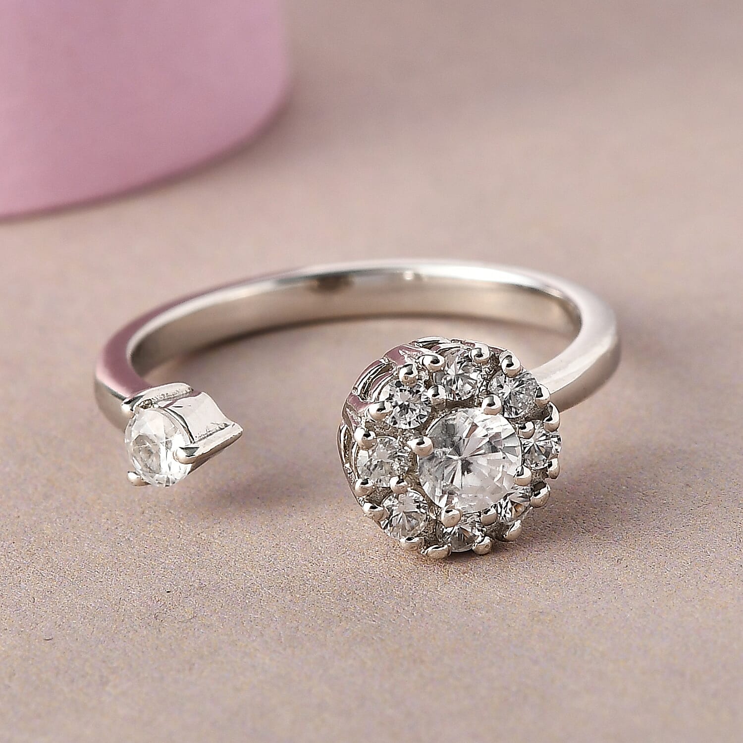 Natural White Zircon March Birthstone Anxiety Spinner Openable Band Ring in Platinum Over Sterling Silver (Large Adjustable Size 9-11) 0.85 ctw