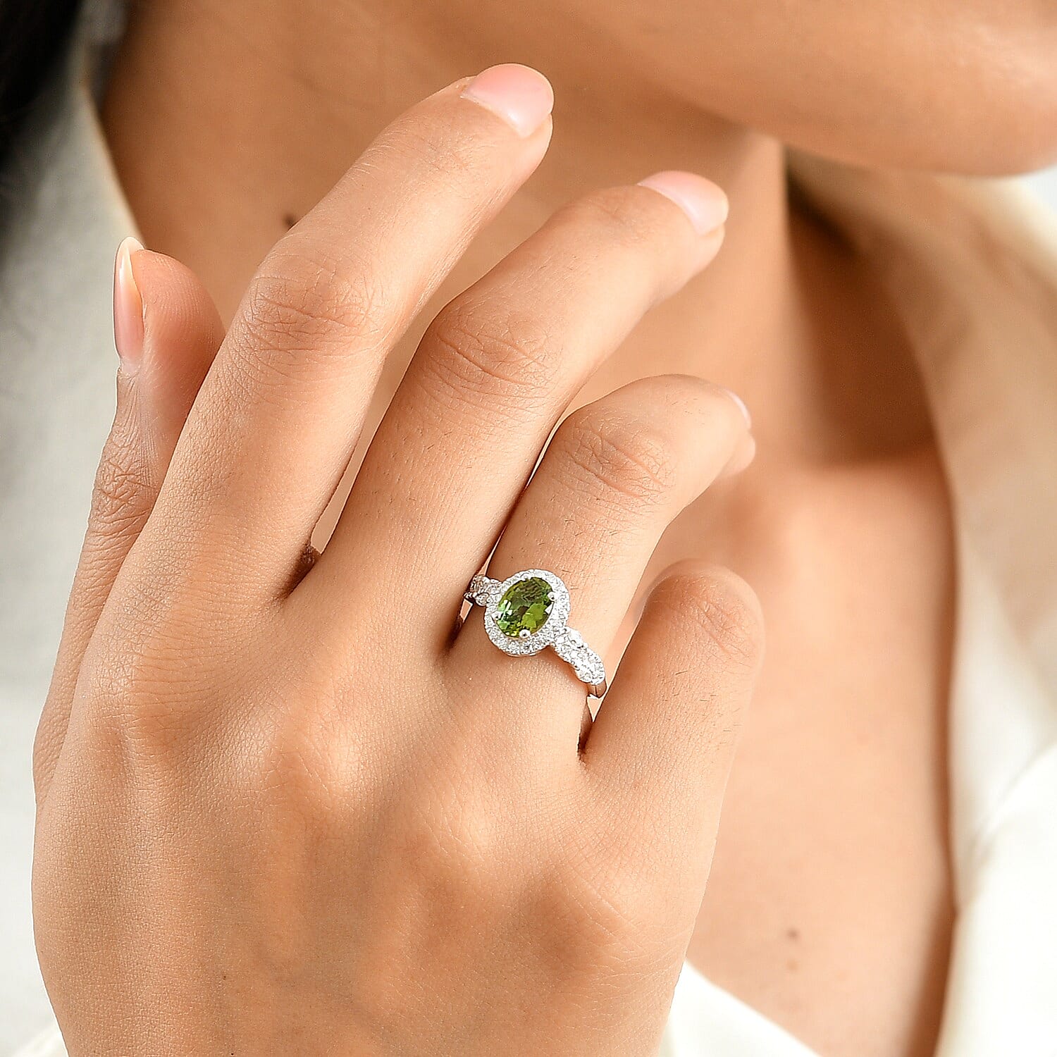 Certified & Appraised D'Joy Premium Sapo Tourmaline and Moissanite 1.65 ctw Ring in Rhodium Over Sterling Silver (Size 6.0)