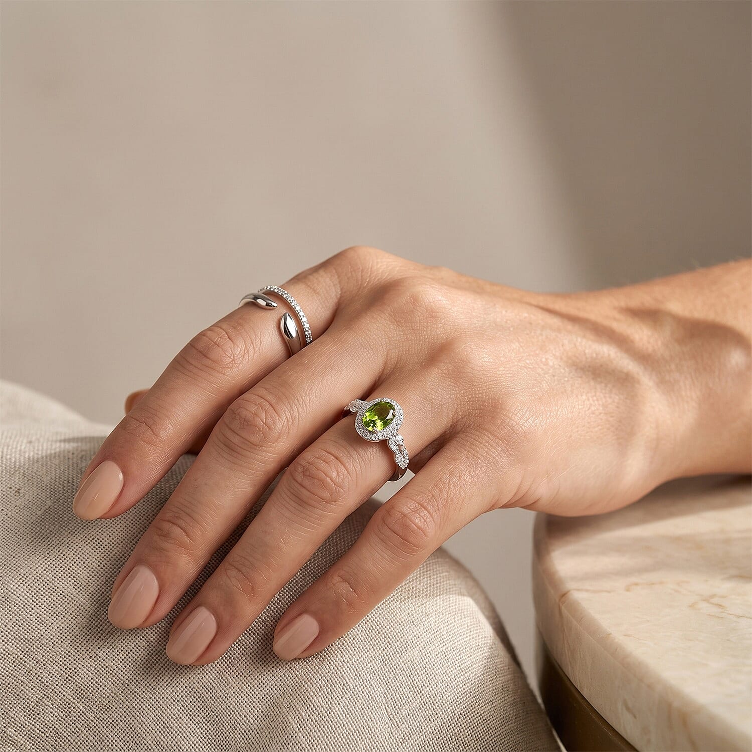 Certified & Appraised D'Joy Premium Sapo Tourmaline and Moissanite 1.65 ctw Ring in Rhodium Over Sterling Silver (Size 6.0)