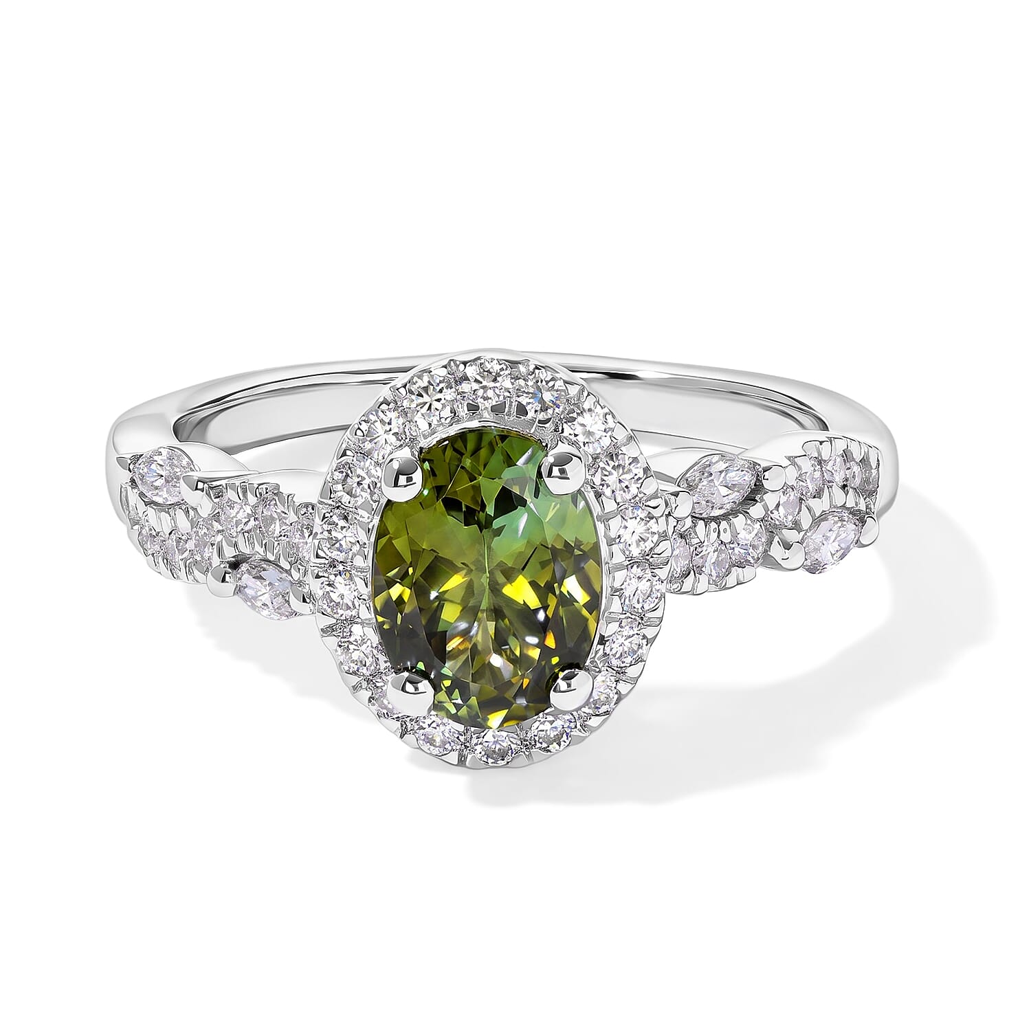 Certified & Appraised D'Joy Premium Sapo Tourmaline and Moissanite 1.65 ctw Ring in Rhodium Over Sterling Silver (Size 6.0)