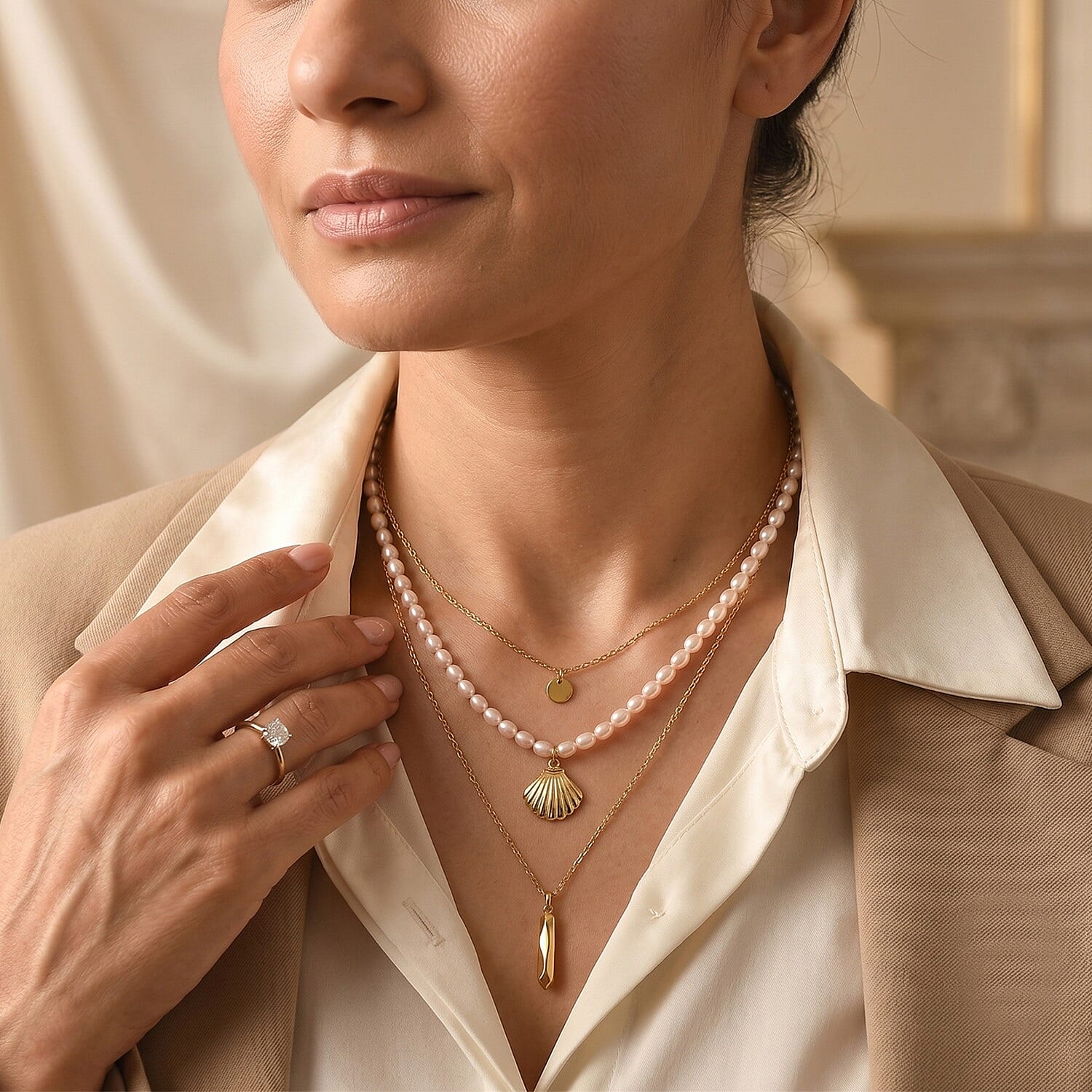 D'Joy Freshwater Pearl Seashell Necklace in 18K Vermeil Yellow Gold Over Sterling Silver (18 Inches)