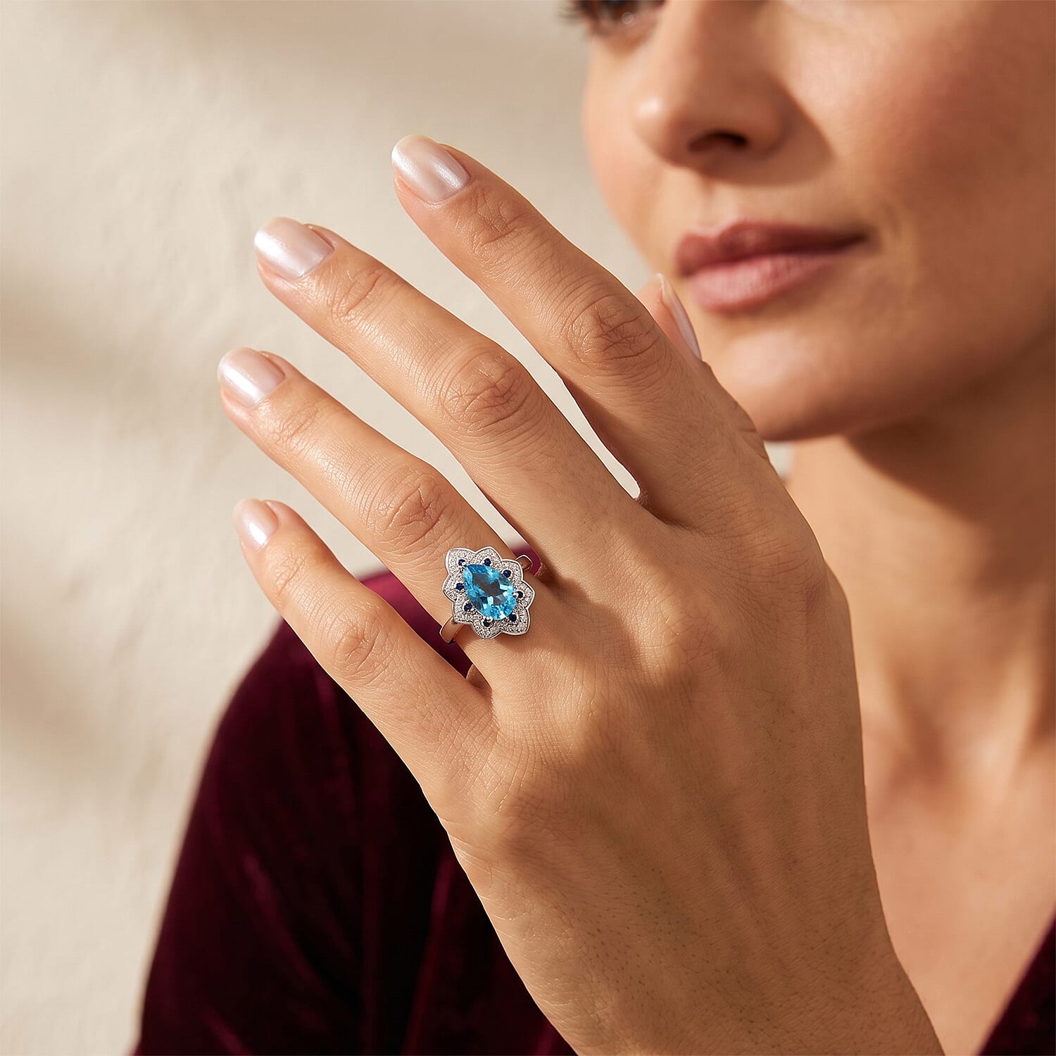 D'Joy Premium Swiss Blue Topaz and Multi Gemstone 4.00 ctw Tidal Wave Ring in Rhodium Over Sterling Silver (Size 6.0)