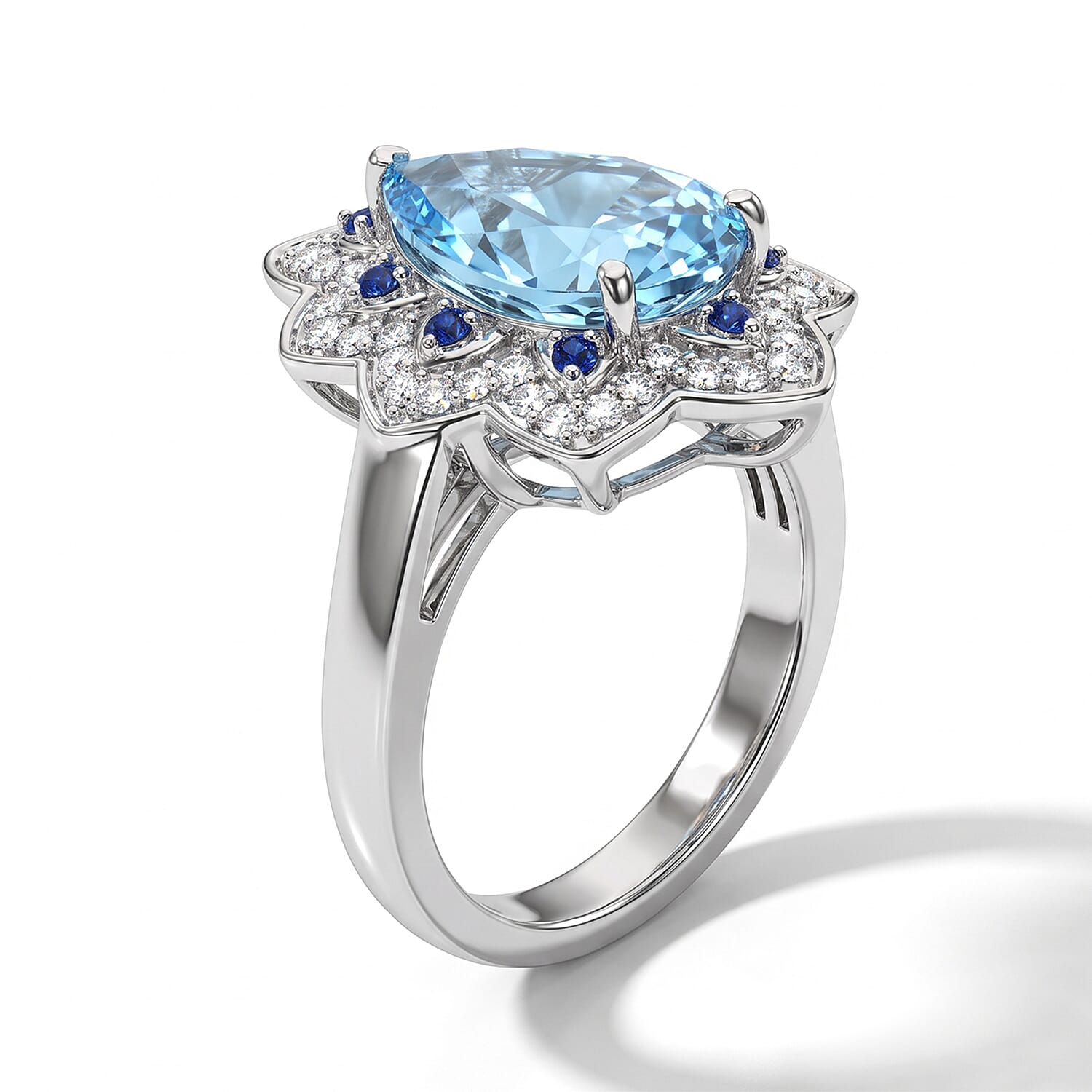 D'Joy Premium Swiss Blue Topaz and Multi Gemstone 4.00 ctw Tidal Wave Ring in Rhodium Over Sterling Silver (Size 6.0)