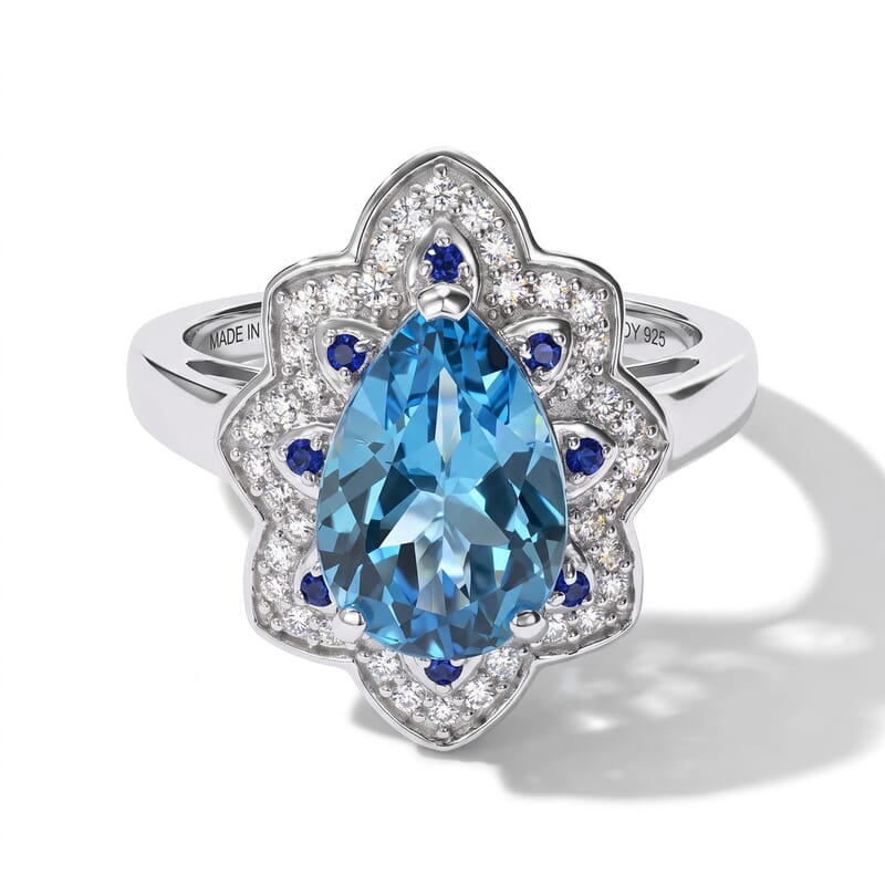D'Joy Premium Swiss Blue Topaz and Multi Gemstone 4.00 ctw Tidal Wave Ring in Rhodium Over Sterling Silver (Size 7.0)