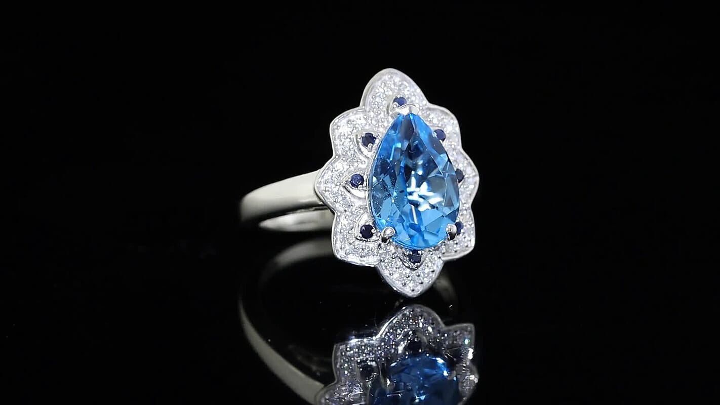 D''Joy Premium Swiss Blue Topaz and Multi Gemstone 4.00 ctw Ring in Rhodium Over Sterling Silver (Size 7.0)