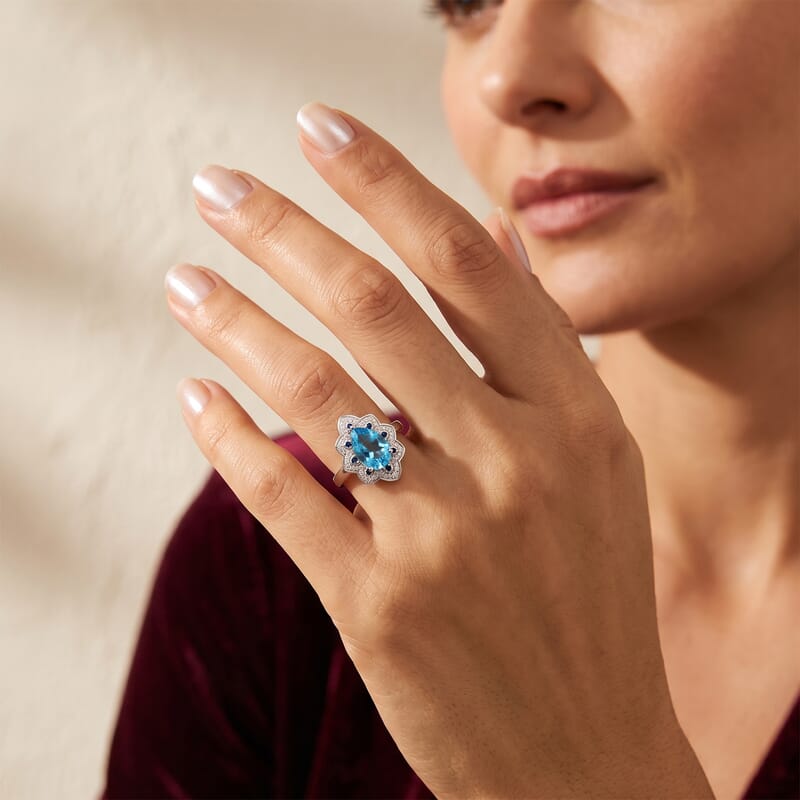 D'Joy Premium Swiss Blue Topaz and Multi Gemstone 4.00 ctw Tidal Wave Ring in Rhodium Over Sterling Silver (Size 7.0)