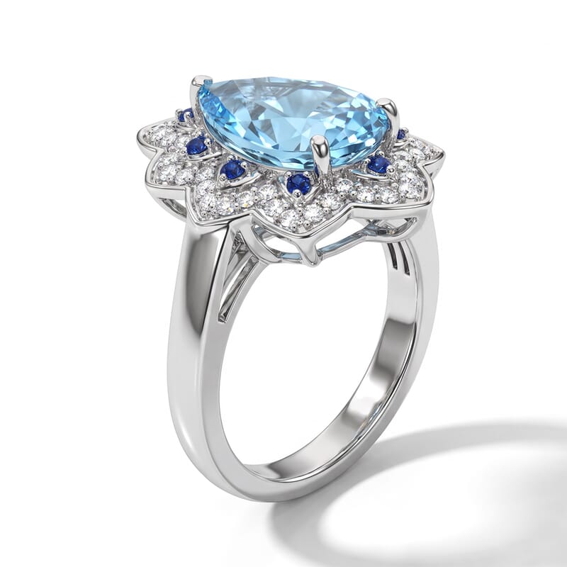 D'Joy Premium Swiss Blue Topaz and Multi Gemstone 4.00 ctw Tidal Wave Ring in Rhodium Over Sterling Silver (Size 7.0)