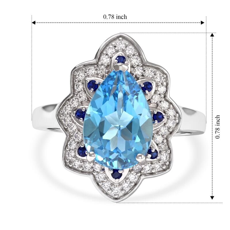 D'Joy Premium Swiss Blue Topaz and Multi Gemstone 4.00 ctw Tidal Wave Ring in Rhodium Over Sterling Silver (Size 7.0)