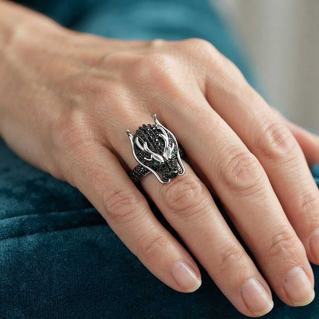 EverTrue Thai Black Spinel and Simulated Green Diamond 1.50 ctw Stag Ring in Dualtone (Size 8.0)